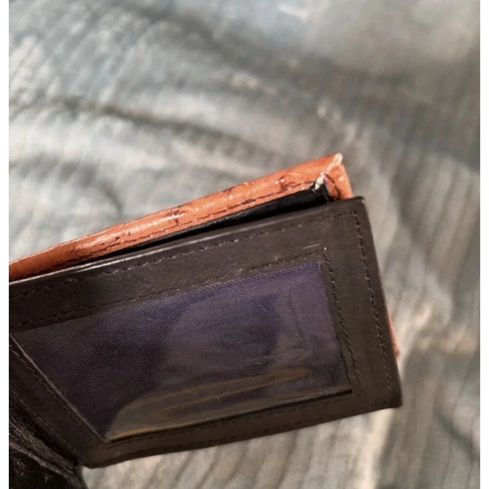 Men’s Leather Wallet Cognac Ostrich Skin Bifold Wallet Genuine Leather